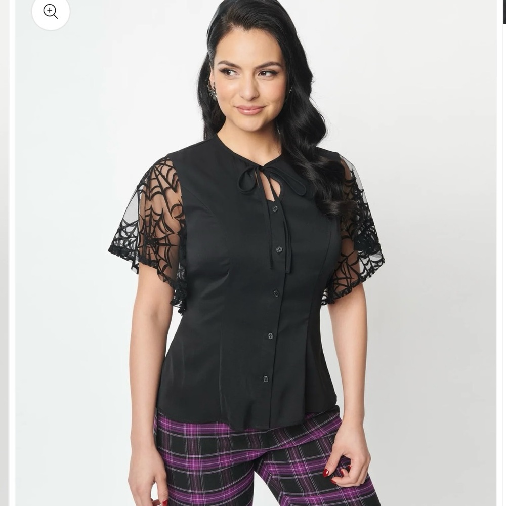 NWT - Unique Vintage Black Flocked Spiderweb Cecilia Blouse - Picture 2 of 9
